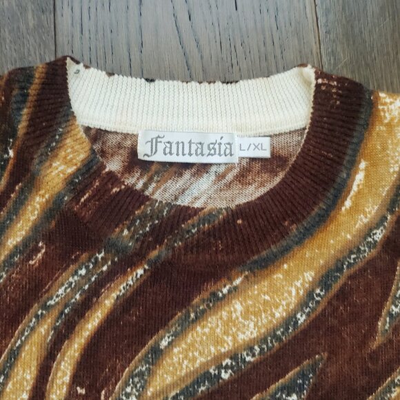 FANTASIA Vintage Womens Brown Wool Sweater Psychedelic Swirls Shoulder Pads 90s - Picture 3 of 6